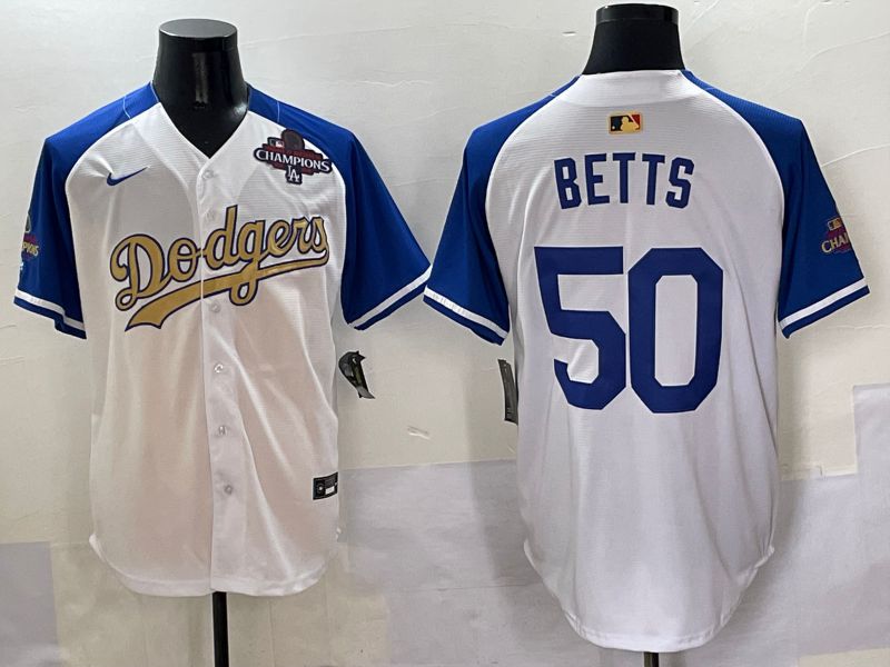 Men Los Angeles Dodgers #50 Betts White Blue Champion gold character Nike 2025 MLB Jersey style 5056->los angeles dodgers->MLB Jersey